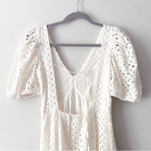 Oak Fort Eyelet Midi Dress Short Puff Sleeve Open Tie Back Gathered Front White - Picture 5 of 11